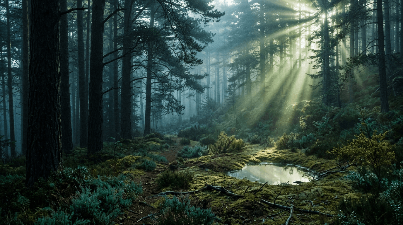 Sunlight falling through a misty pine forest onto a mossy clearing. Generated illustration.