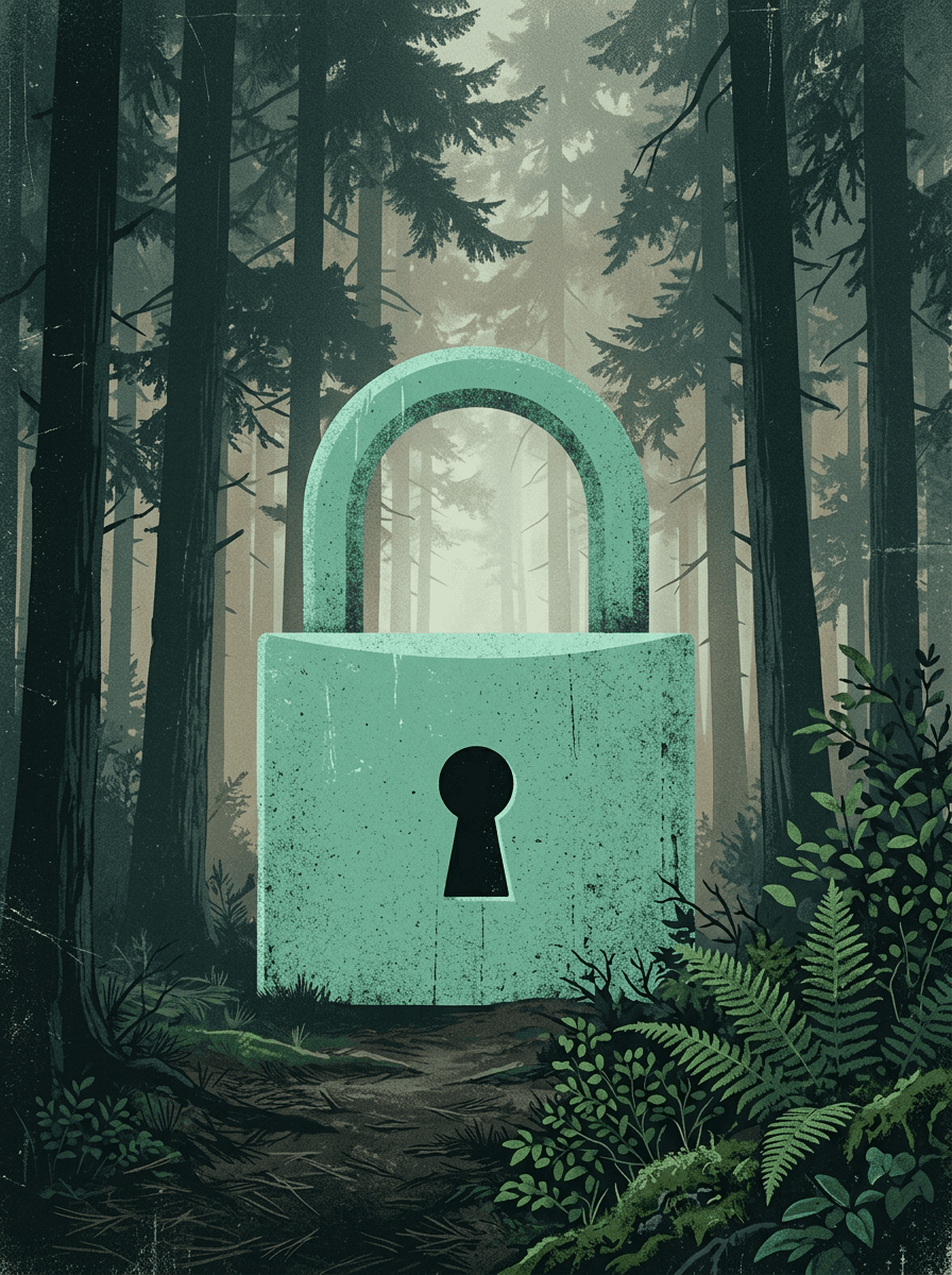 A large mint-green padlock standing in a dark pine forest. Generated illustration.
