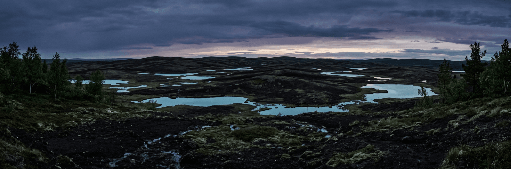 Dark wetland hills with pale pools of water at dusk. Generated illustration.